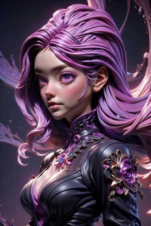 3dmm style,(masterpiece, top quality, best quality, official art, beautiful and aesthetic:1.2), (fractal art:1.3), 1girl, beautiful, high detailed, purple hair with a hint of pink, pink eyes, dark lighting, serious face, looking the sky, sky, medium shot, black sweater, jewelry,High detailed ,Color magic