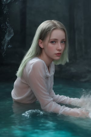 Vodyanitsa is a resident of rivers and other pools, Slavic mythology, beautiful, forever young girls, like mermaids. They have pale skin and hair with a greenish tint, a wet transparent long shirt, mill whirlpools,(detail), (complex), ( 8k), (perfect detail for the eyes), best quality, masterpiece, darkness, atmosphere