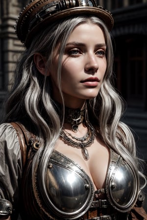 Very beautiful Steampunk lady, long silver hair, steampunk outfit and weapon, hyperrealism, photorealistic, 8k, unreal engine, expressive,Detailedface