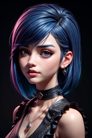 masterpiece, best quality,3d rending work ,3DMM style,close-up,portrait, 3D,1girl, solo, multicolored hair, blue hair, black hair, necklace, freckles, jewelry, two-tone hair, looking to the side, realistic, upper body, simple background, bangs, looking away, short hair, parted lips, black eyes, lips, gothic, choker, makeup, mole, black shirt, shirt, watermark
