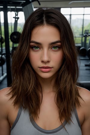 Wide portrait selfie of a woman with the most beautiful short wavy hair, extremely toned body, self-portrait, with realistic green eyes, lifting weights at the gym, she's extremely confident, shiny skin, gym outfit, soft lighting, in the background we can see an empty gym early in the morning, extremely high quality high detail RAW color photo, highly detailed eyes, in locations,highly detailed symmetrical attractive face, angular symmetrical face,perfect skin, skin pores, (dreamy gray eyes), black plaits medium hairs, soft focus, (film grain, vivid colors, film emulation, kodak gold portra 100, 35mm, canon50 f1.2), Lens Flare, Golden Hour, HD, Cinematic, Beautiful Dynamic Lighting,shy,elegent,cute,lust,cool pose, teen,viewing at camera, (ultra photorealistic:1.3), extremely high quality high detail RAW color photo, in locations,highly detailed symmetrical attractive face, angular simmetrical face, (thin face:0.3)

aproach.,Realism,Detailedface,z1l4,anamr,3va