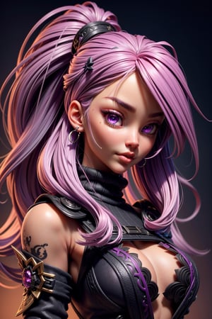 3dmm style,(masterpiece, top quality, best quality, official art, beautiful and aesthetic:1.2), (fractal art:1.3), 1girl, beautiful, high detailed, purple hair with a hint of pink, pink eyes, dark lighting, serious face, looking the sky, sky, medium shot, black sweater, jewelry