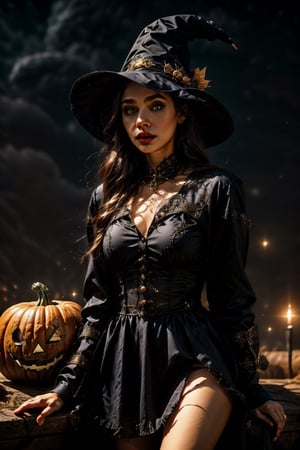 masterpiece, best quality, incrshlwn, witch hat, halloween, halloween costume, night sky, cowboy shot, dress, thighhighs, IncrsAhri, braid, fox tail, multiple tails,horror,realhands,High detailed 