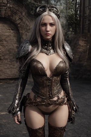 Very beautiful Steampunk lady, long silver hair, steampunk outfit and weapon, hyperrealism, photorealistic, 8k, unreal engine, expressive,Detailedface