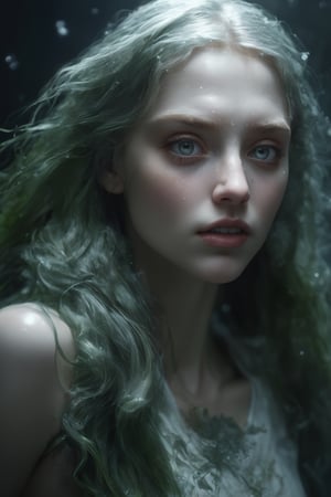 Vodyanitsa is a resident of rivers and other pools, Slavic mythology, beautiful, forever young girls, like mermaids. They have pale skin and hair with a greenish tint, a wet transparent long shirt, mill whirlpools,(detail), (complex), ( 8k), (perfect detail for the eyes), best quality, masterpiece, darkness, atmosphere