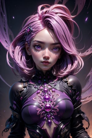 3dmm style,(masterpiece, top quality, best quality, official art, beautiful and aesthetic:1.2), (fractal art:1.3), 1girl, beautiful, high detailed, purple hair with a hint of pink, pink eyes, dark lighting, serious face, looking the sky, sky, medium shot, black sweater, jewelry,High detailed ,Color magic
