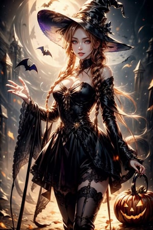 masterpiece, best quality, incrshlwn, witch hat, halloween, halloween costume, night sky, cowboy shot, dress, thighhighs, IncrsAhri, braid, fox tail, multiple tails,horror,realhands