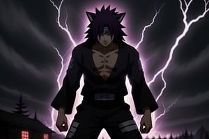 in the naruto universe, anime by Masashi Kishimoto, New creature,, dark, purple, like wolf giant, horror, purple lightning, purple flashes., like kurama dark version. in the village. 4K HD, nightmare, beautiful, epic 
