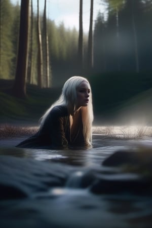 flirting with the dark side, pale skinned woman crawling out of muddy swamp, white flowing hair, light play, shadows dancing, cinematic, Film light, Hyper detailed, epic, Hyper realistic, masterpiece, etheral atmospheric, High resolution, Vibrant, High contrast, 8k, HDR