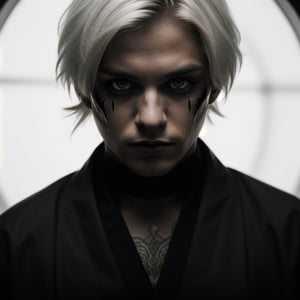 portrait of a evil young man, he has white hair, red eyes, like album cover of a metal band.he wears a black kimono, Hyper realistic, masterpiece, etheral atmospheric, High resolution, Vibrant, High contrast, 8k, HDR,, he kill someone, determined eyes, evil, portrait in the landscape, makeup black around his eyes. 