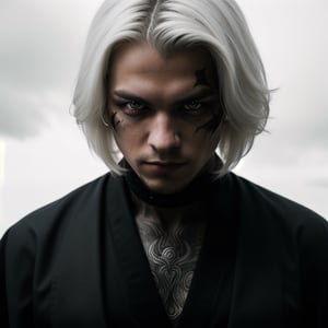 portrait of a evil young man, he has white hair, red eyes, like album cover of a metal band.he wears a black kimono, Hyper realistic, masterpiece, etheral atmospheric, High resolution, Vibrant, High contrast, 8k, HDR,, he kill someone, determined eyes, evil, portrait in the landscape, makeup black around his eyes. 