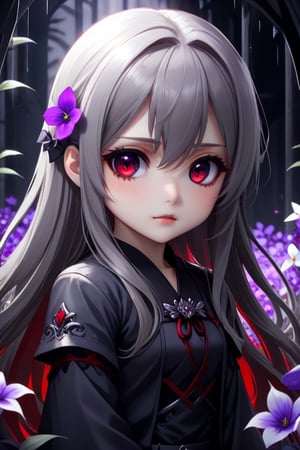 evil chibi girl long hair grey, red eyes, shy and beautiful, hd 4k anime girl. dark atmospher, purple flowers everywhere

