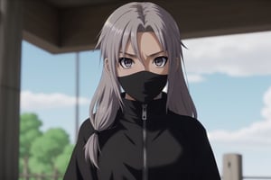 in the naruto universe, anime by Masashi Kishimoto, daughter of kakashi, she have a long hair grey, long dress black, she is cute girl, blue eyes, she launch a lot of power like father Kakashi, raikiri. 4K HD, cute daughter, cute girl, beautiful, epic 
