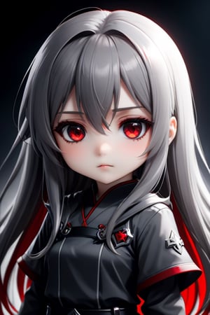 evil chibi girl long hair grey, red eyes, shy and beautiful, hd 4k anime girl. dark atmospher
