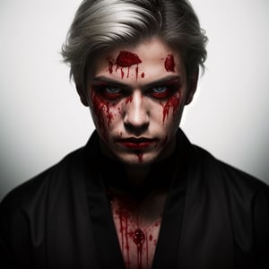 portrait of a evil young man, he has white hair, red eyes, he has blood on his face, he has just killed someone, like album cover of a metal band.he wears a black kimono, Hyper realistic, masterpiece, etheral atmospheric, High resolution, Vibrant, High contrast, 8k, HDR,, he kill someone, determined eyes, evil, horror, blood everywere, portrait in the landscape, makeup black around his eyes. 