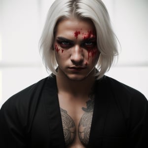 portrait of a evil young man, he has white hair, red eyes, he has blood on his face, like album cover of a metal band.he wears a black kimono, Hyper realistic, masterpiece, etheral atmospheric, High resolution, Vibrant, High contrast, 8k, HDR,, he kill someone, determined eyes, evil, portrait in the landscape, makeup black around his eyes. 