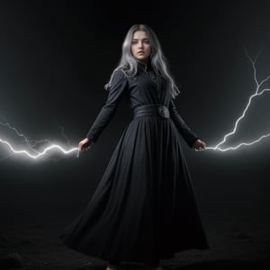 one girl long hair, grey hair, blue eyes, she have a long dress black, she have a lot of power, she has powers around her hands and she doesn't seem to control them at all. she has yellow lightning coming out of her hands. plunged into darkness. chaos everywhere Hyper realistic, masterpiece, etheral atmospheric, High resolution, Vibrant, High contrast, 8k, HDR, in naruto universe