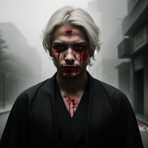 portrait of a evil young man, he has white hair, red eyes, he has blood on his face, he has just killed someone, like album cover of a metal band.he wears a black kimono, Hyper realistic, masterpiece, etheral atmospheric, High resolution, Vibrant, High contrast, 8k, HDR,, he kill someone, determined eyes, evil, horror, blood everywere, portrait in the landscape, makeup black around his eyes. 