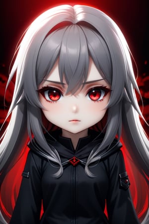 evil chibi girl long hair grey, red eyes, shy and beautiful, hd 4k anime girl. dark atmospher
