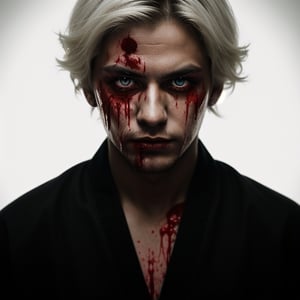 portrait of a evil young man, he has white hair, red eyes, he has blood on his face, he has just killed someone, like album cover of a metal band.he wears a black kimono, Hyper realistic, masterpiece, etheral atmospheric, High resolution, Vibrant, High contrast, 8k, HDR,, he kill someone, determined eyes, evil, horror, blood everywere, portrait in the landscape, makeup black around his eyes. 