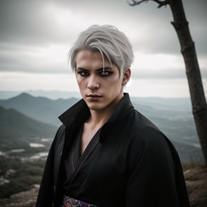 portrait of a evil young man, he has white hair, red eyes, like album cover of a metal band.he wears a black kimono, Hyper realistic, masterpiece, etheral atmospheric, High resolution, Vibrant, High contrast, 8k, HDR,, he kill someone, determined eyes, evil, portrait in the landscape, makeup black around his eyes. 