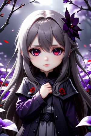 evil chibi girl long hair grey, red eyes, shy and beautiful, hd 4k anime girl. dark atmospher, purple flowers everywhere

