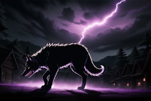 in the naruto universe, anime by Masashi Kishimoto, New creature,evil, giant wolf, horrible, villain, dark, purple, like wolf giant, horror, purple lightning, purple flashes., like kurama dark version. in the village. 4K HD, nightmare, beautiful, epic 
