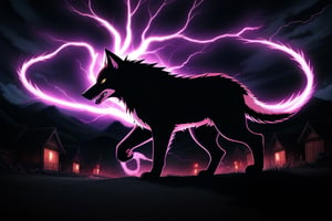 in the naruto universe, anime by Masashi Kishimoto, New creature,, dark, purple, like wolf giant, horror, purple lightning, purple flashes., like kurama dark version. in the village. 4K HD, nightmare, beautiful, epic 
