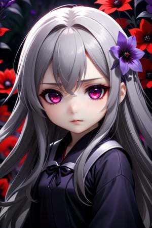 evil chibi girl long hair grey, red eyes, shy and beautiful, hd 4k anime girl. dark atmospher, purple flowers everywhere

