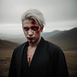 portrait of a evil young man, he has white hair, red eyes, he has blood on his face, he has just killed someone, like album cover of a metal band.he wears a black kimono, Hyper realistic, masterpiece, etheral atmospheric, High resolution, Vibrant, High contrast, 8k, HDR,, he kill someone, determined eyes, evil, horror, blood everywere, portrait in the landscape, makeup black around his eyes. 