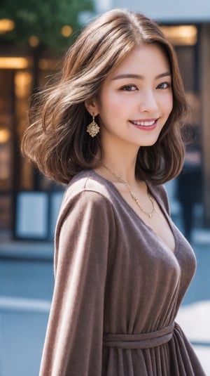 (photorealistic, masterpiece, best quality, highly detailed), ((1 beautiful business woman)), asian girl, large-sized breasts, beautiful face, beautiful eyes, smiling, medium-lengh light-brown bob hair, detailed face, detailed eyes, earrings, necklace, wearing short-sleeved Beautiful dress , 20-year-old , beautiful long legs, realistic detailed skin texture, detailed hair, walking on a street, 8k resolution, close-up portrait, sharp-focus