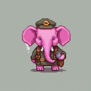pixel art, cartoon pink elephant in adventurer outfit and wearing a skullcap, smoking the pipe, sideview.