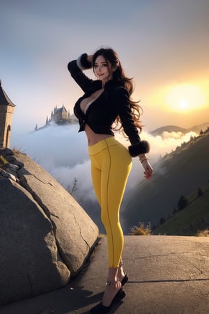 RAW photo, masterpiece, best quality, absurdres, 8K, super fine, best_lighting, (outdoors, gothic_castle perched on a misty hilltop:1.3), (wonderland:1.2), fantasy_world, 
BREAK
28 years old woman, (stylish pose, standing, leaning:1.5), (mature:1.3), beautiful woman,
BREAK
elegant_prostitute, (seductive smile:1.2), (long_wavy_hair:1.2), huge breasts, cleverage
BREAK
(yellow_leggings:1.3), (cropped blazer of black:1.3), (fluffy ornaments, luxury style:1.2), (furry_cuffs, furry_anklet:1.5), asian girl, 1girl, eungirl