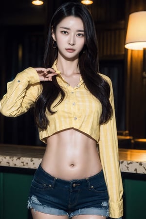 masterpiece, best quality, absurdres, 8K, super fine, best_lighting, in a bar, (cowboy_shot:1.4), leaning_forward, standing, female_solo, 20 years old woman, beautiful korean woman, (mature:1.1), (detailed:1.3)
BREAK,
wavy_long_hair, huge breasts, 
BREAK,
(yellow_plaid_shirt:1.4), black_shorts:1.4), (fluffy_cuffs:1.5), (navel_exposed:1.3), (earings:1.1), asian girl, 1girl, naralorashy, eungirl,