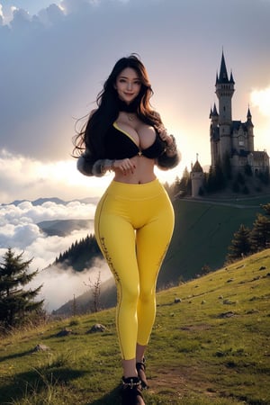 RAW photo, masterpiece, best quality, absurdres, 8K, super fine, best_lighting, (outdoors, gothic_castle perched on a misty hilltop:1.3), (wonderland:1.2), fantasy_world, 
BREAK
28 years old woman, (stylish pose, wiggling hips:1.5), (mature:1.3), beautiful woman,
BREAK
elegant_prostitute, (seductive smile:1.2), (long_wavy_hair:1.2), huge breasts, cleverage
BREAK
(yellow_leggings:1.3), (cropped blazer of black:1.3), (fluffy ornaments, luxury style:1.2), (furry_cuffs, furry_anklet:1.5), asian girl, 1girl, eungirl