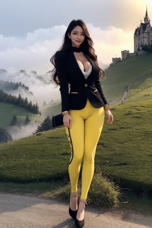 RAW photo, masterpiece, best quality, absurdres, 8K, super fine, best_lighting, (outdoors, gothic_castle perched on a misty hilltop:1.3), (wonderland:1.2), fantasy_world, 
BREAK
28 years old woman, (stylish pose, standing, leaning:1.5), (mature:1.3), beautiful woman,
BREAK
elegant_prostitute, (seductive smile:1.2), (long_wavy_hair:1.2), huge breasts, cleverage
BREAK
(yellow_leggings:1.3), (cropped blazer of black:1.3), (fluffy ornaments, luxury style:1.2), (furry_cuffs, furry_anklet:1.5), asian girl, 1girl, eungirl