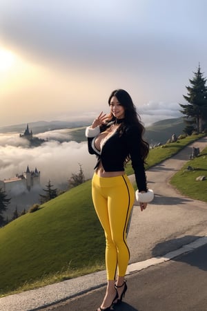 RAW photo, masterpiece, best quality, absurdres, 8K, super fine, best_lighting, (outdoors, gothic_castle perched on a misty hilltop:1.3), (wonderland:1.2), fantasy_world, 
BREAK
28 years old woman, (stylish pose, standing:1.5), (mature:1.3), beautiful woman,
BREAK
elegant_prostitute, (seductive smile:1.2), (long_wavy_hair:1.2), huge breasts, cleverage
BREAK
(yellow_leggings:1.3), (cropped blazer of black:1.3), (fluffy ornaments, luxury style:1.2), (furry_cuffs, furry_anklet:1.5), asian girl, 1girl, eungirl