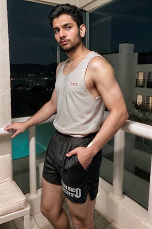 Masterpiece, high_resolution,cinematic pose,high quality,HD,hyper realistic, photograph,twink, A handsome Indian man looking at camera, full,full_body,turquoise colored eyes,realisitc sking,realistic hair,smooth straight hair,wearing a tight black tank top,wearing black shorts , hairy arms,hairy chest,hairy body,realistic face,cute,twinky face,gentle,trimmed beard,styled beard,round shaped face,realistic skin,background(balcony),standing pose,hairy body,hairy arms ,hairy legs,pointed nose,celebrity face ,Detailedface,night,night time