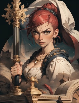 anna bell peaks  8k,portrait,long eyeliner(background ruined house)portrait,bust_portrait.aggressive,angry,attacking look,warrior.city background ,renaissance,kawaii,blush.angry eyebrows.,weapon,renaissance_alchemist_studio