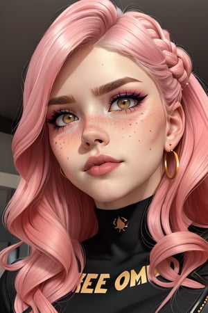 belle delphine very symilar face
 ,sexy posture,portrait,kawaii makeup,with blushes,thick lips,freckles,l,bust,8k,kelsey beckett,,earrings, 
full_portrait,portrait,European Female,Enhance
centrate in portrait,bust.angry,raised eyebrows.
 portrait. ,chubby,fatty,view from below, makima cosplay,
,only portrait,centrate in the face,only face,.punk hair,
.,ligth contrast,curly hair-closeup portrait-close portrait-modern aesthetic-modern clothing-fine chin-colours clothes-colours