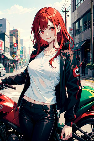 masterpiece, intricate details, highres, best quality, 1girl, (adult woman:1), mature lady, long red hair, red eyes, smiling, ample breasts, white shirt, wearing black jacket, leaning on motorcycle, Kawasaki ninja motor