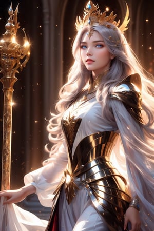 masterpiece, intricate details, best quality, 1girl, (adult woman:1), mature lady, (majestic, divine, Empress:1.2), regal clothes with armor, beautiful, gorgeous, long silver hair, (diamond mark on forehead:1.1), blue eyes, rosy lips, detailed eyes, ethereal, calm expression, powerful, intimidating, (full body shot) 