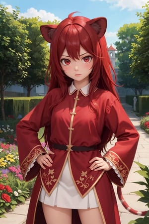 Masterpiece, best_quality, intricate_details, 1girl, cute, loli, young, red_eyes, red_hair, lion_ears, lion_tail, glaring, hands_on_hips, fluffy_hair, regal_outfit, garden