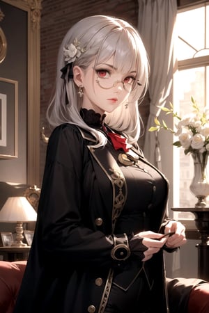 masterpiece, beautiful, best quality, very detailed, amazing, 1girl, solo, red eyes, grey hair, tied hair, (wearing monocle), Victorian outfit, wearing open coat, (mature lady), (adult woman:1), detailed face, hair ornaments, elegant, half body shot, living room