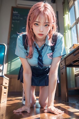 woman,  (school uniform), (, (high-low_skirt),  colorful, blue theme, exposure blend, bokeh,  (hdr:1.4),  high contrast,  (cinematic,  teal and orange:0.85),  (muted colors,  dim colors,  soothing tones:1.3),  low saturation, motiontrail, jeongyeon, (pink_hair), gigantic_breasts, full_body, (Whole_body_from_far_away),  (extremely_long_hair),  (top-down_bottom-up), microskirt,  high-low_skirt,  (in school),  all-fours,  leaning_forward, head on the floor,