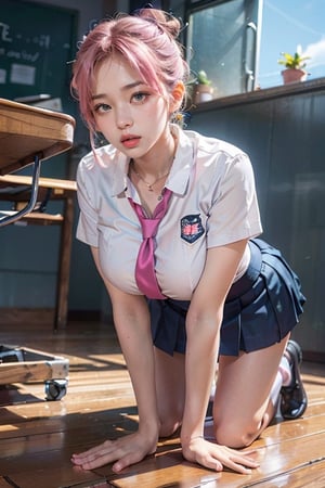 woman,  (school uniform), (, (high-low_skirt),  colorful, blue theme, exposure blend, bokeh,  (hdr:1.4),  high contrast,  (cinematic,  teal and orange:0.85),  (muted colors,  dim colors,  soothing tones:1.3),  low saturation, motiontrail, jeongyeon, (pink_hair), (gigantic_breasts), full_body, (Whole_body_from_far_away),  (hair_bun),  (top-down_bottom-up), microskirt,  high-low_skirt,  (in school),  all-fours,  leaning_forward, head on the floor,