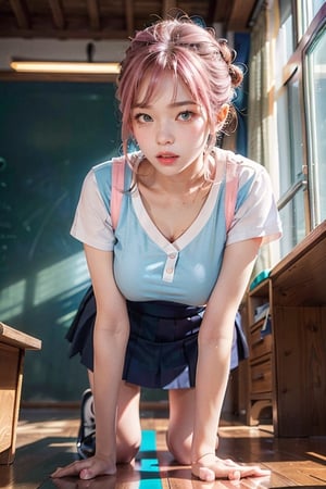 woman,  (school uniform), (, (high-low_skirt),  colorful, blue theme, exposure blend, bokeh,  (hdr:1.4),  high contrast,  (cinematic,  teal and orange:0.85),  (muted colors,  dim colors,  soothing tones:1.3),  low saturation, motiontrail, jeongyeon, (pink_hair), (gigantic_breasts), full_body, (Whole_body_from_far_away),  (hair_bun),  (top-down_bottom-up), microskirt,  high-low_skirt,  (in school),  all-fours,  leaning_forward, head on the floor,