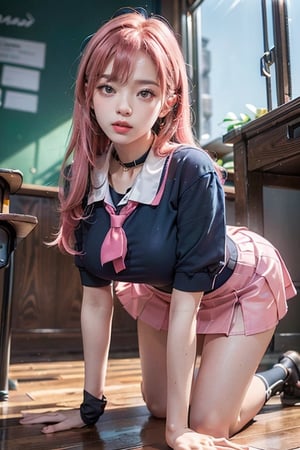 woman,  (school uniform), (, (high-low_skirt),  colorful, blue theme, exposure blend, bokeh,  (hdr:1.4),  high contrast,  (cinematic,  teal and orange:0.85),  (muted colors,  dim colors,  soothing tones:1.3),  low saturation, motiontrail, jeongyeon, (pink_hair), (gigantic_breasts), full_body, (Whole_body_from_far_away),  (extremely_long_hair),  (top-down_bottom-up), microskirt,  high-low_skirt,  (in school),  all-fours,  leaning_forward, head on the floor,