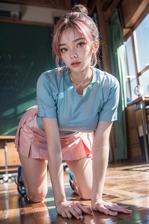 woman,  (school uniform), (, (high-low_skirt),  colorful, blue theme, exposure blend, bokeh,  (hdr:1.4),  high contrast,  (cinematic,  teal and orange:0.85),  (muted colors,  dim colors,  soothing tones:1.3),  low saturation, motiontrail, jeongyeon, (pink_hair), (gigantic_breasts), full_body, (Whole_body_from_far_away),  (hair_bun),  (top-down_bottom-up), microskirt,  high-low_skirt,  (in school),  all-fours,  leaning_forward, head on the floor,