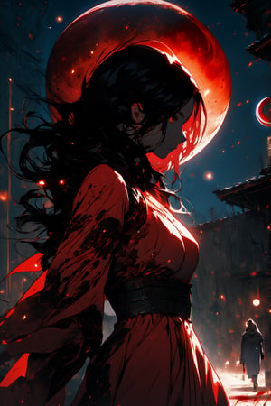 (A beautiful yet terrifying woman with long black hair wearing a flowing bright red dress with a black veil:1.5),cowboy shot,side view,non human, (nighttime,blood moon:1.5),supernatural,ghostly,eerie,high detailed, detailed face,perfect face, masterpiece, extremely detailed,4k,raytracing, depth of field,ultra sharp,midjourney,1 girl,night, (dark environment)